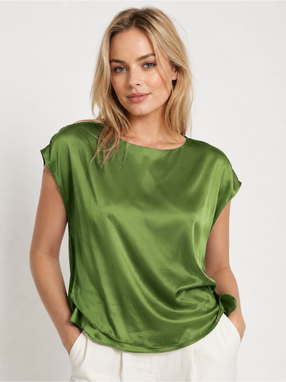 NWT Banana Republic Olive Green Satin Cap-Sleeve Top